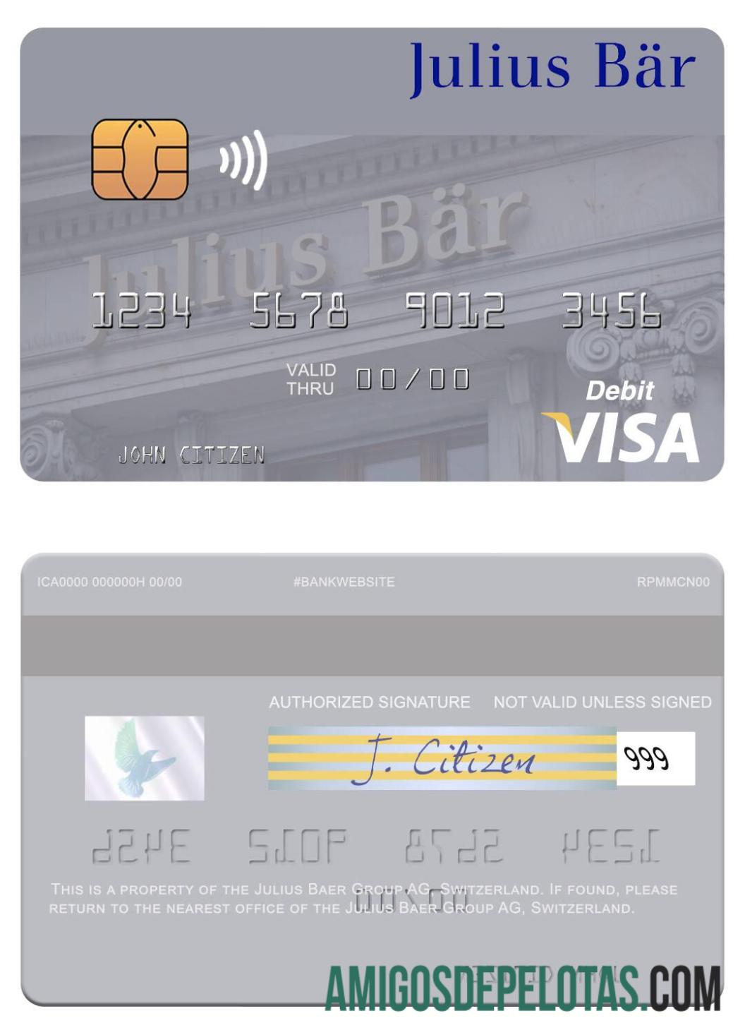 Cartão de débito Visa Julius Baer Group AG da Suíça exemplo